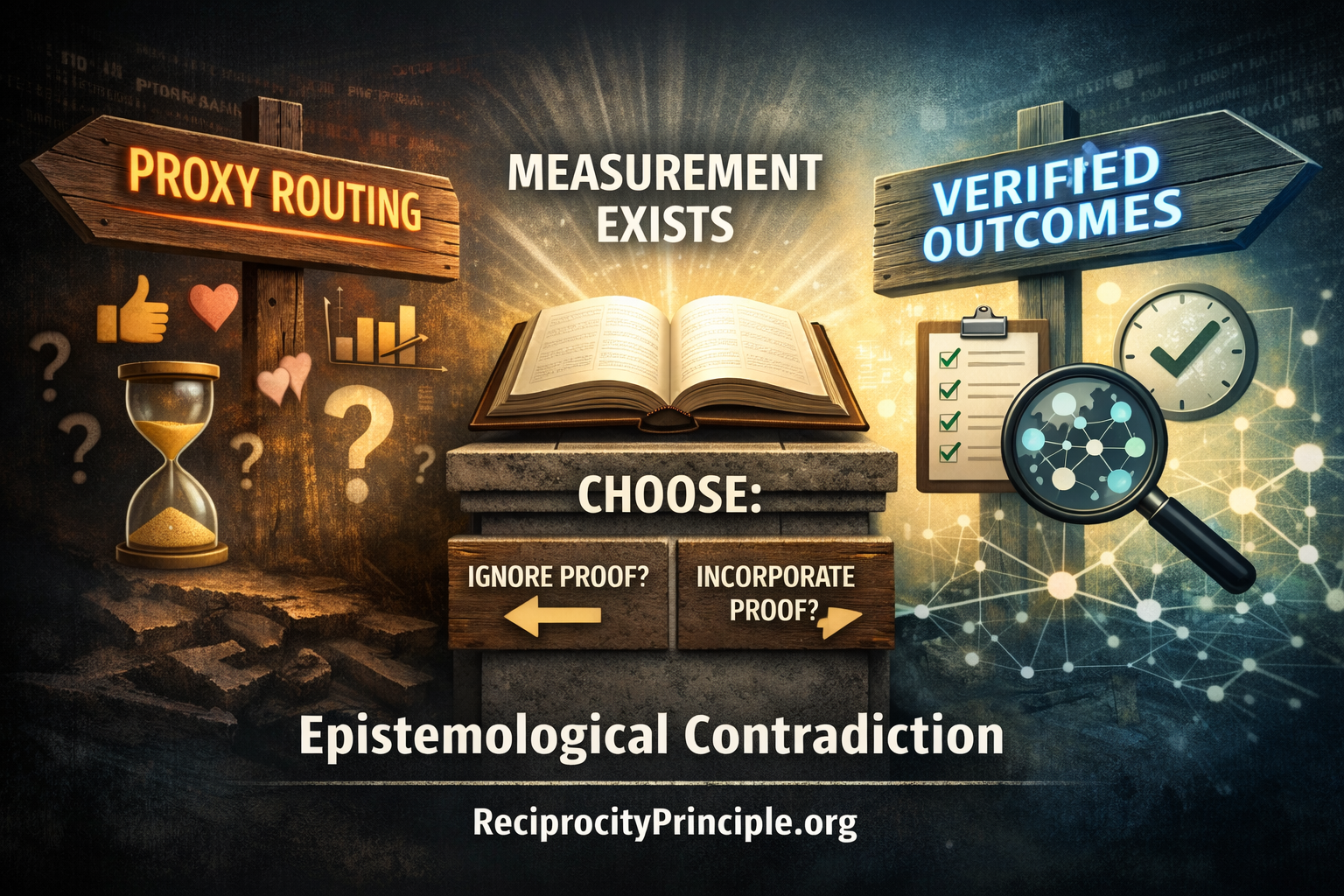 Visual representation of epistemological binary choice after verification exists showing proxy routing versus verified outcomes with measurement exists threshold and epistemological contradiction warning