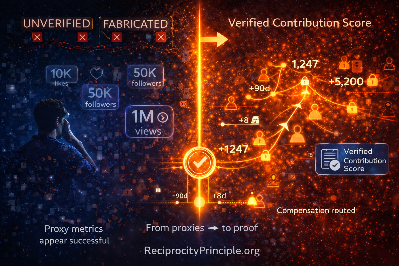 Visual comparison showing proxy metrics appearing successful on left (likes, followers, views with X marks) versus verified contribution score on right with temporal persistence indicators, cascade multiplication network, and cryptographic ownership proving genuine capability increases